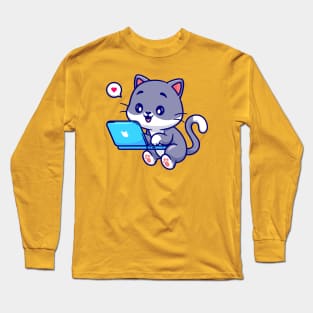 Cute Cat Working On Laptop Cartoon Long Sleeve T-Shirt